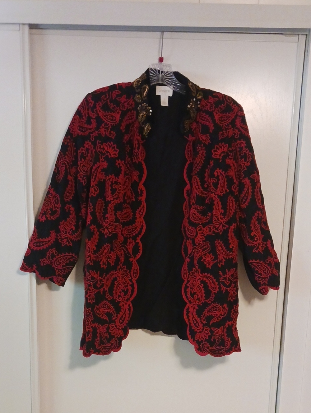 Chico's Black Jacket with Red Embroidered Paisley and Beaded Collar
